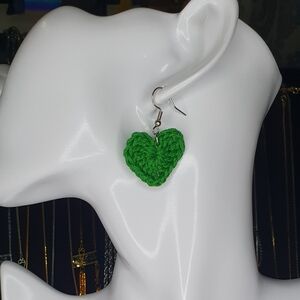 Green crochet heart earrings with stainless steel hook and jump rings